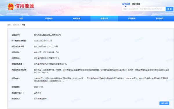 股票配资世界 违法分包工程，国网黑龙江省送变电工程有限公司被罚199万元
